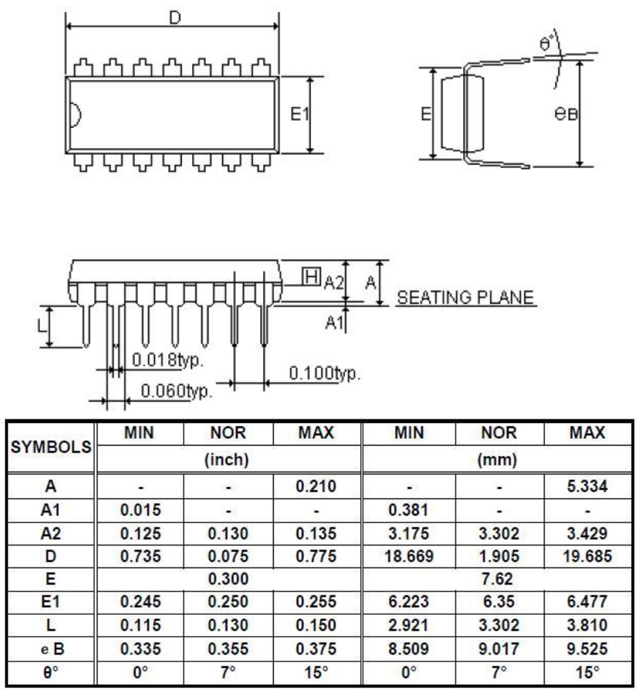 YF2711單機(jī)片P-DIP14外形圖與封裝尺寸